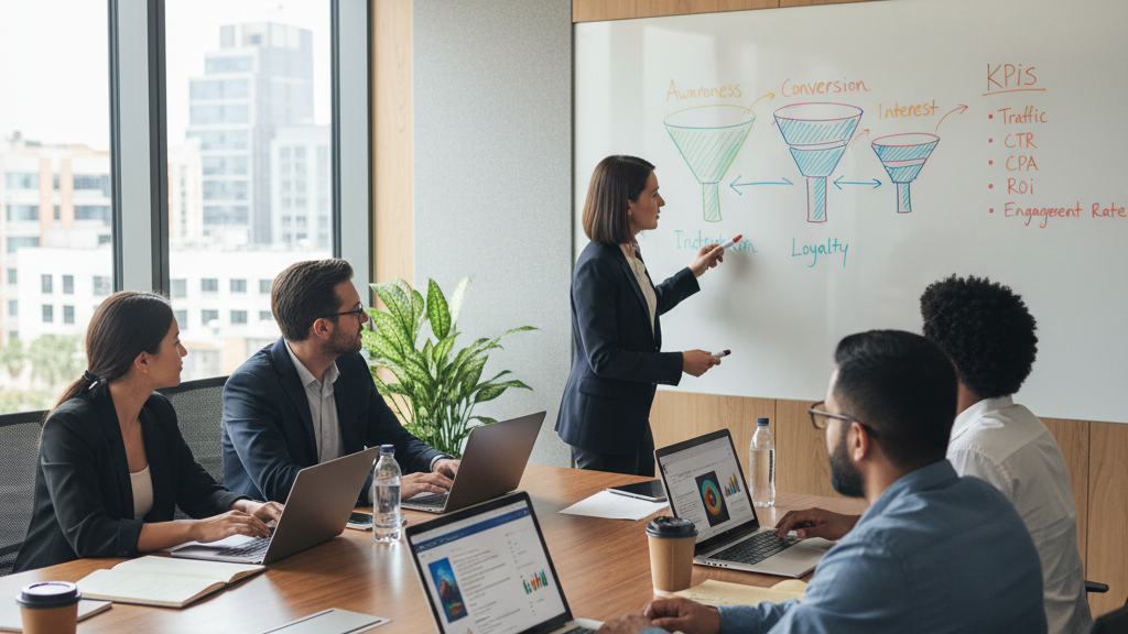 Digital marketing team planning custom campaign strategy using data and KPIs.