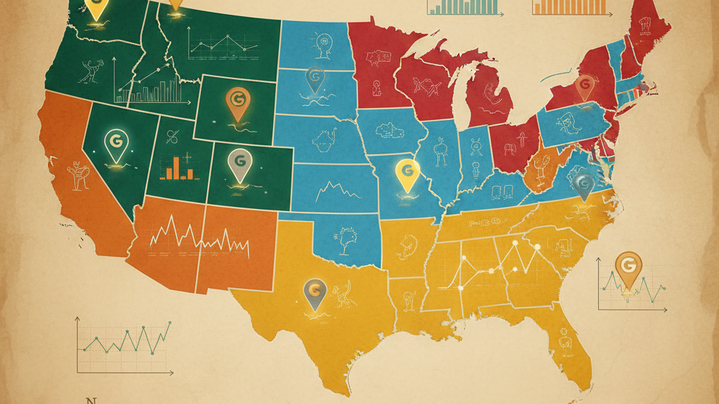 Map of the United States showing local SEO performance by region.