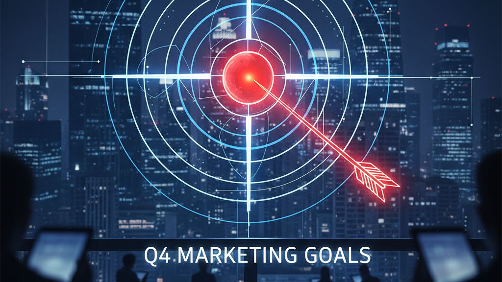Q4 Marketing Goals bullseye target in cityscape.
