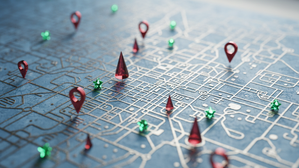 Stylized local map with holiday-themed location pins representing local search activity