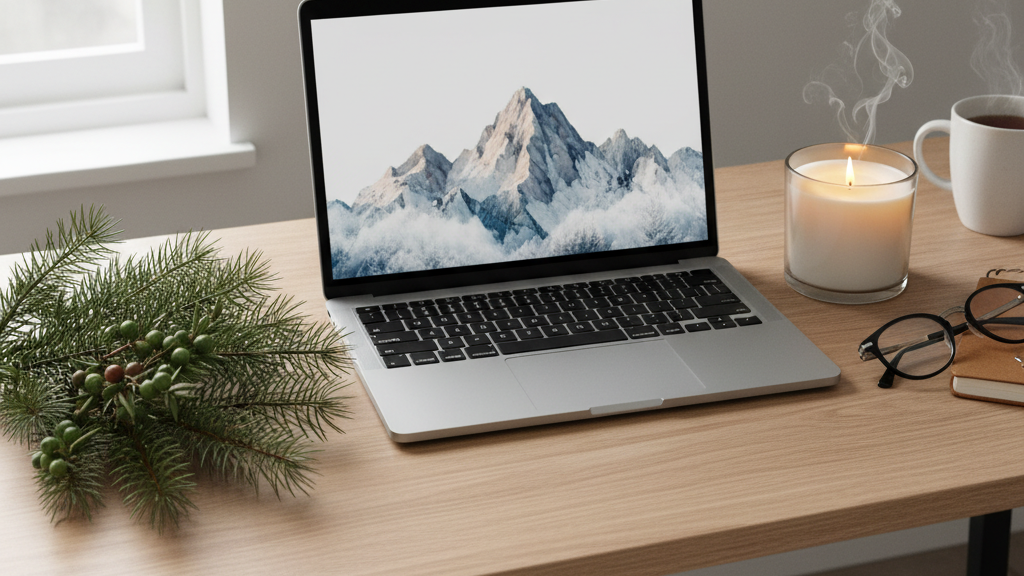A flat lay of a clean workspace with a laptop