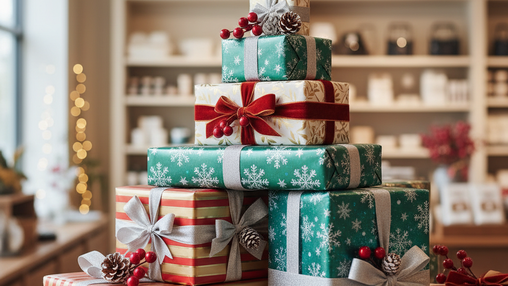 Wrapped holiday presents on a retail shelf ready for seasonal shoppers