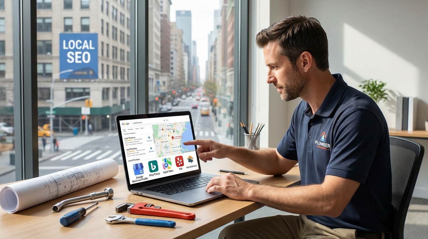 Plumbers local SEO: Google Business Profile, Bing Places, Apple Maps & Yelp visibility.