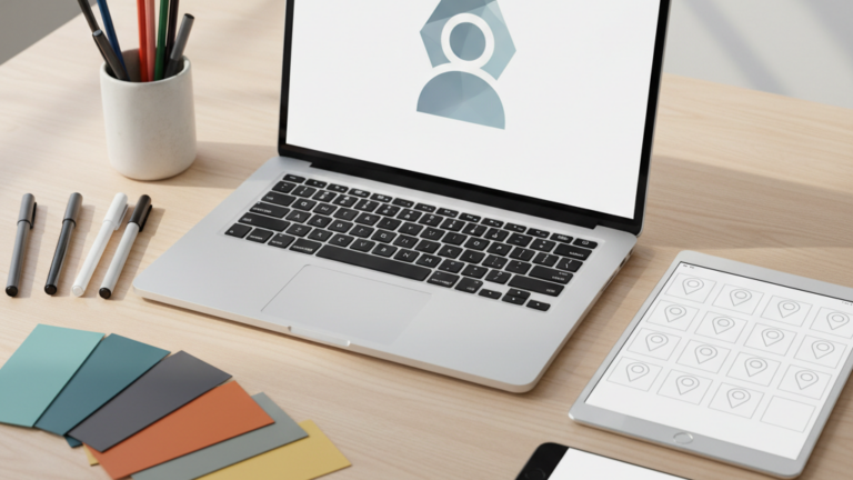 Digital marketing workspace with devices representing optimization of a business profile