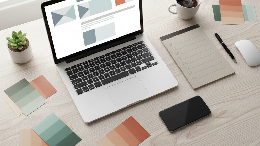 Design workspace with laptop and color swatches