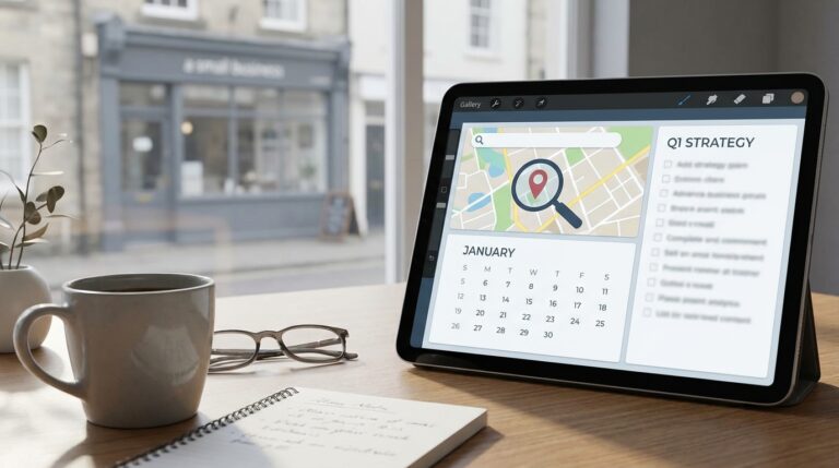 Tablet showing map, calendar, and strategy checklist.