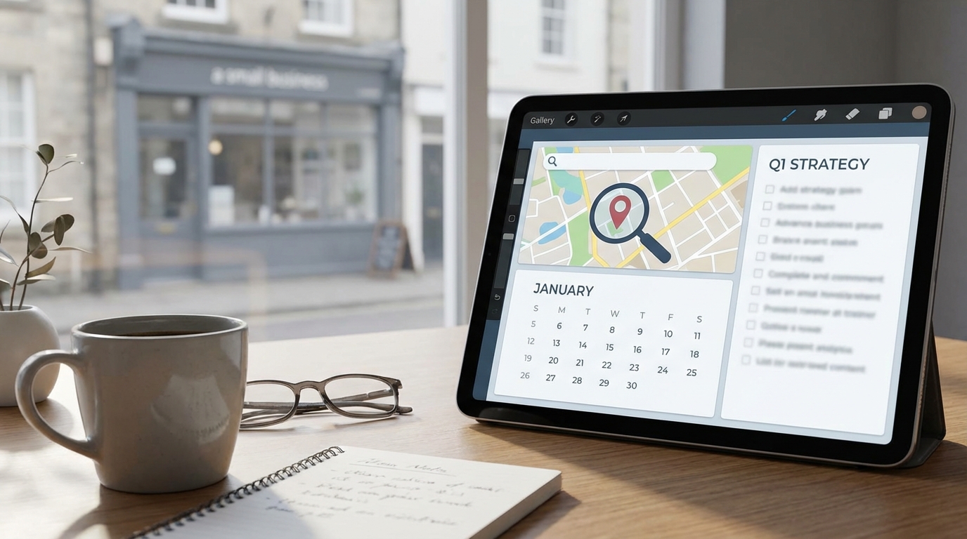 Tablet showing map, calendar, and strategy checklist.